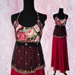 Handmade Vintage Style Rose Jewel Halter Top Bejeweled Lace Y2k-Style Layer